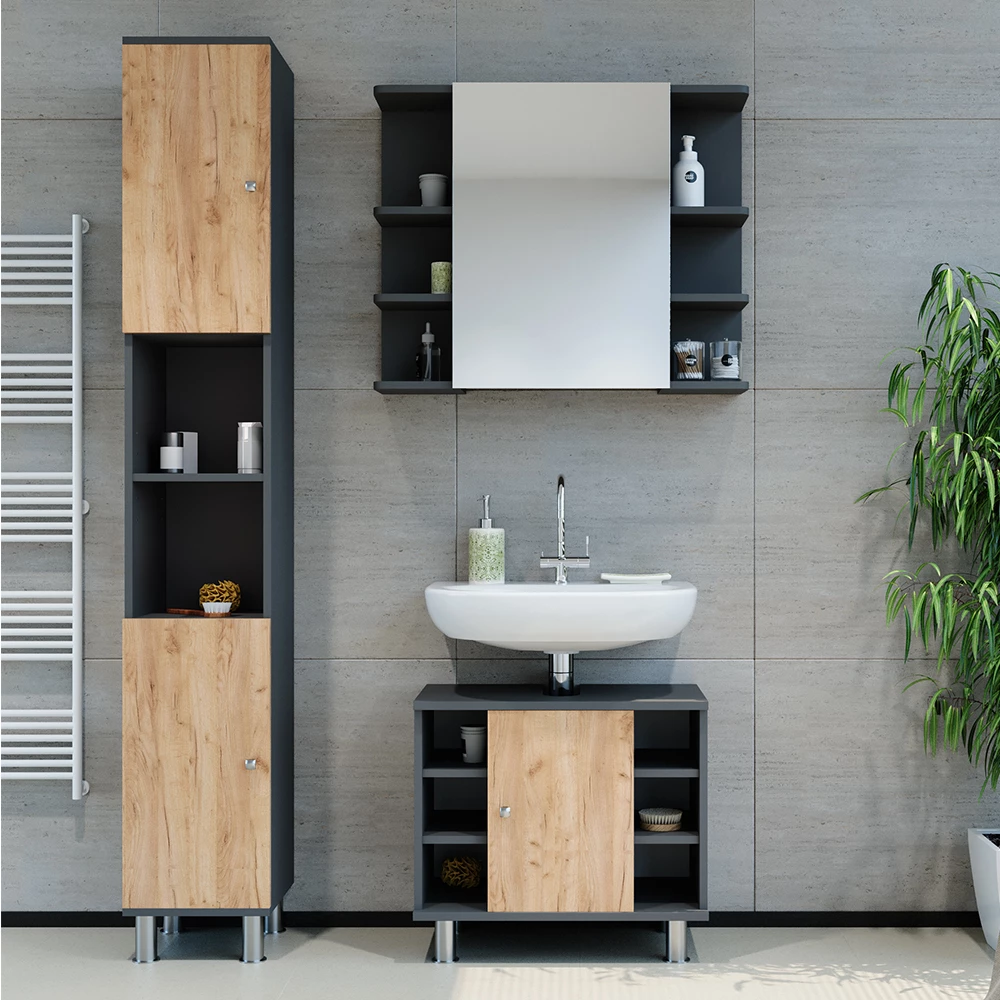 Vicco Set di mobili da bagno Antracite/quercia dorata 3 parti con colonna, Fynn