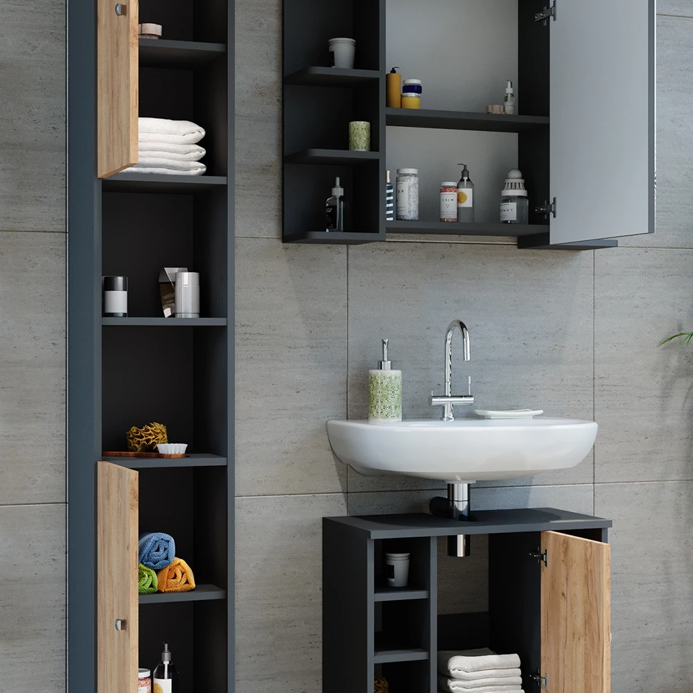 Vicco Set di mobili da bagno Antracite/quercia dorata 3 parti con colonna, Fynn