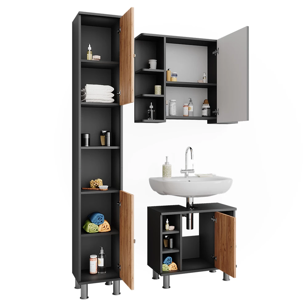 Vicco Set di mobili da bagno Antracite/quercia dorata 3 parti con colonna, Fynn