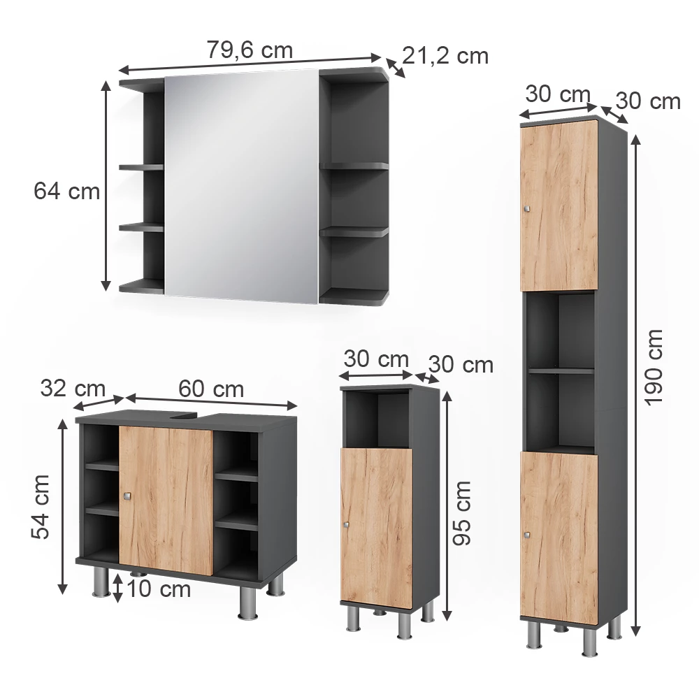 Vicco Badkamermeubelset Antraciet/gouden eik 4 delen, Fynn