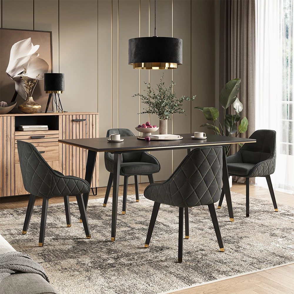 Vicco Esstisch Set Schwarz 200 x 90 cm mit 4 Stühlen, Goldamo