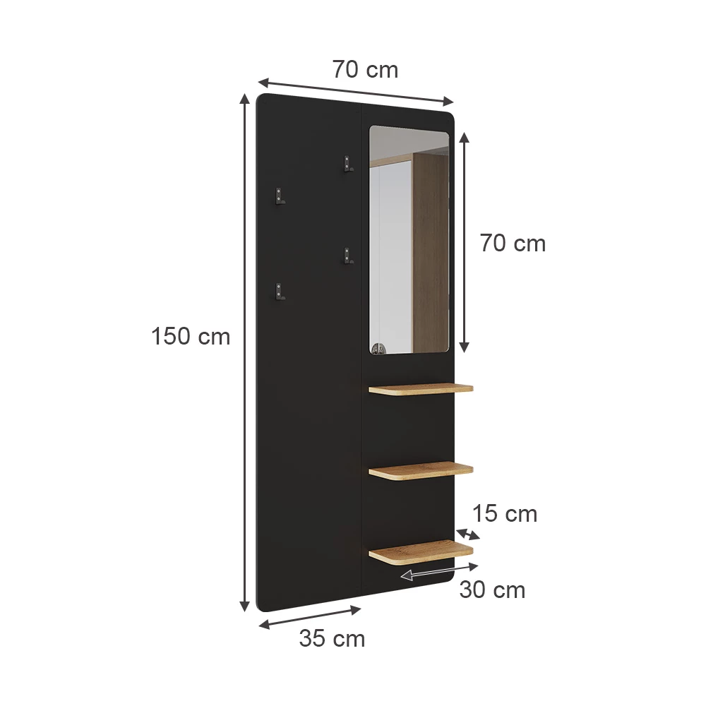 Vicco Wandgarderobe Schwarz/Eiche 70 x 150 cm mit Spiegel, Jochen