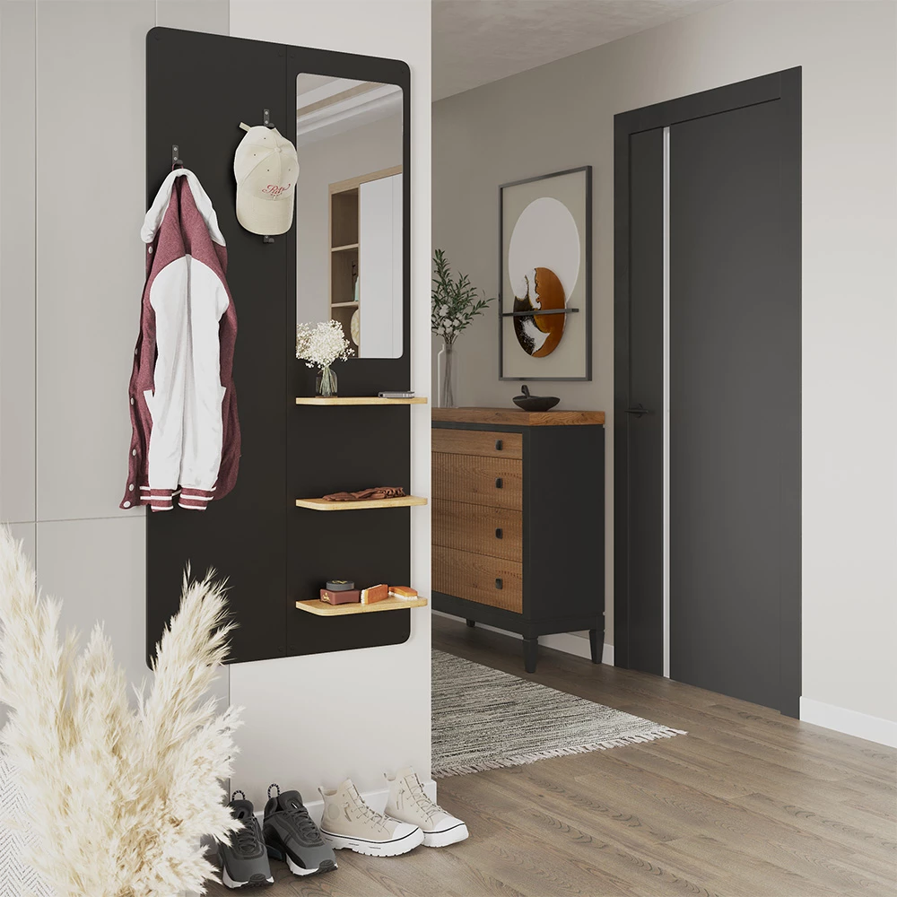 Wandgarderobe u boji Schwarz/Eiche, prikazan u ambijentalnom okruženju s dekoracijom