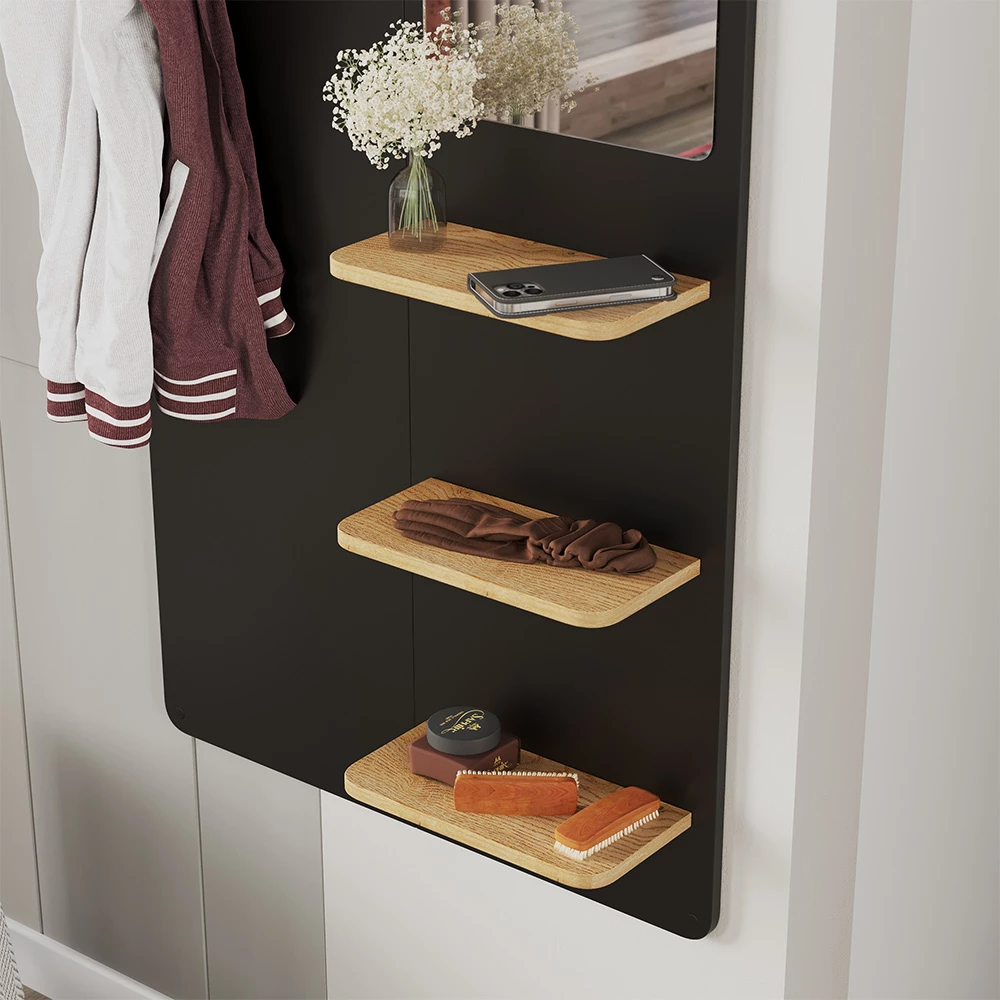 Prikaz izbliza Wandgarderobe u boji Schwarz/Eiche, prikazuje teksturu/detalje