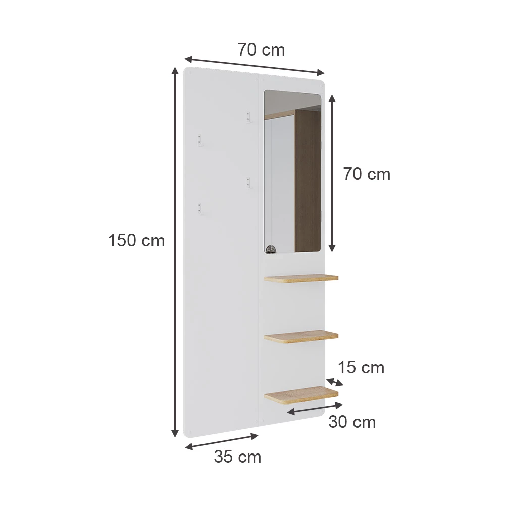 Vicco Väggklädhängare Vit/ek 70x150 cmmed spegel, Jochen