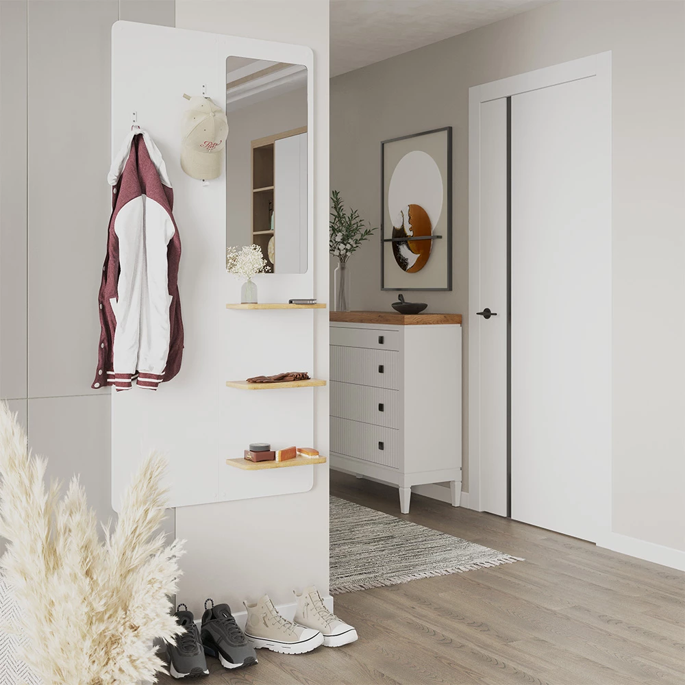 Wandgarderobe in Weiß/Eiche auf weißem Hintergrund