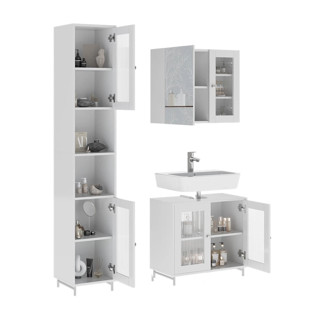 Badkamermeubelset in Wit op een witte achtergrond met decoratieve elementen