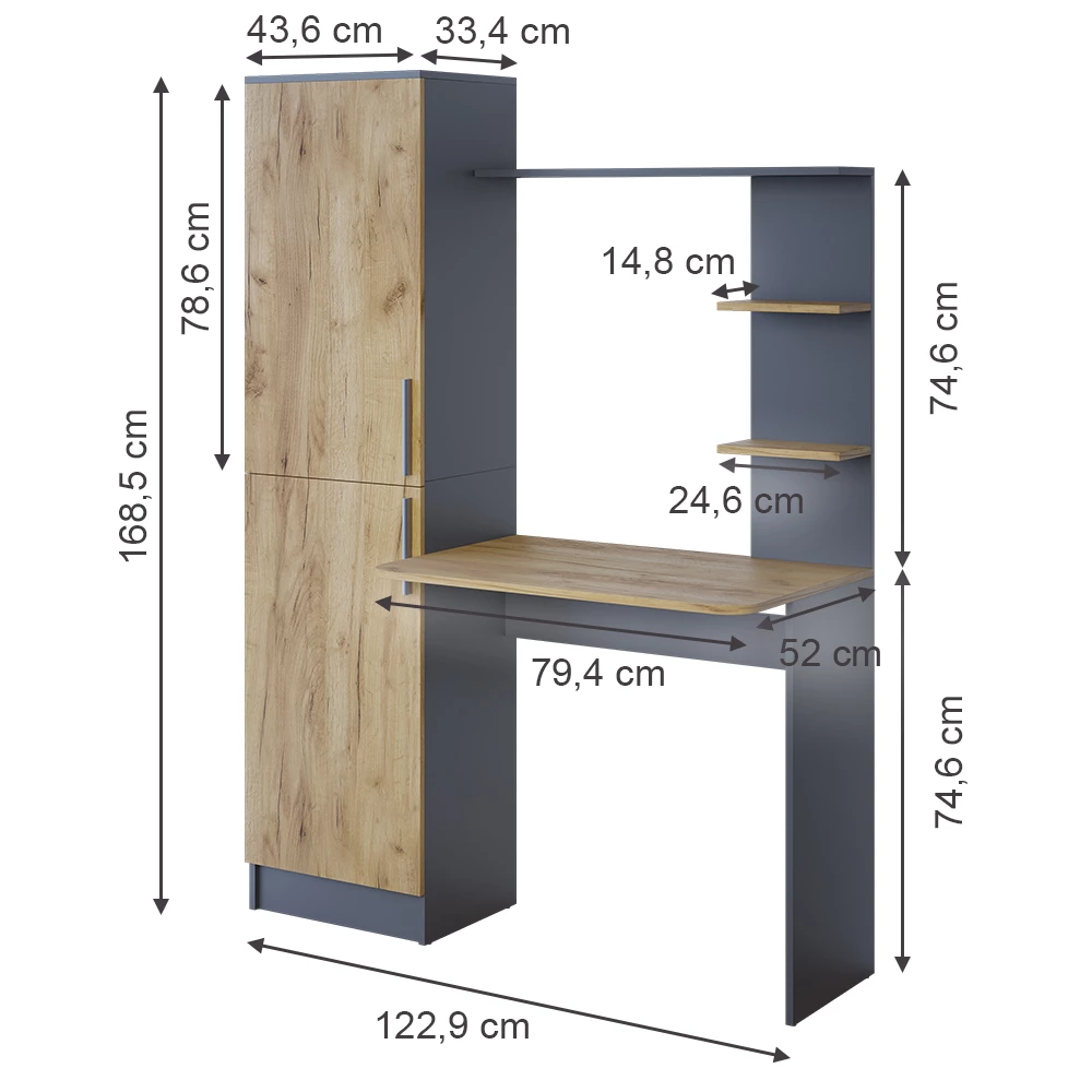 Vicco Íróasztal Antracit/arany tölgy 122.9 x 33.4 cm, Tessa