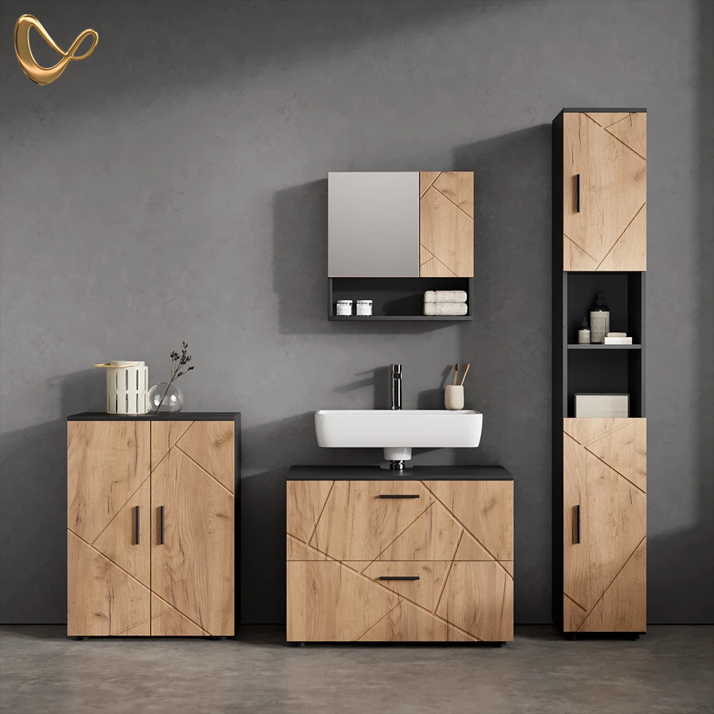 Badmöbel-Set in Goldkraft Eiche/Anthrazit, dargestellt im Ambiente und auf weißem Hintergrund