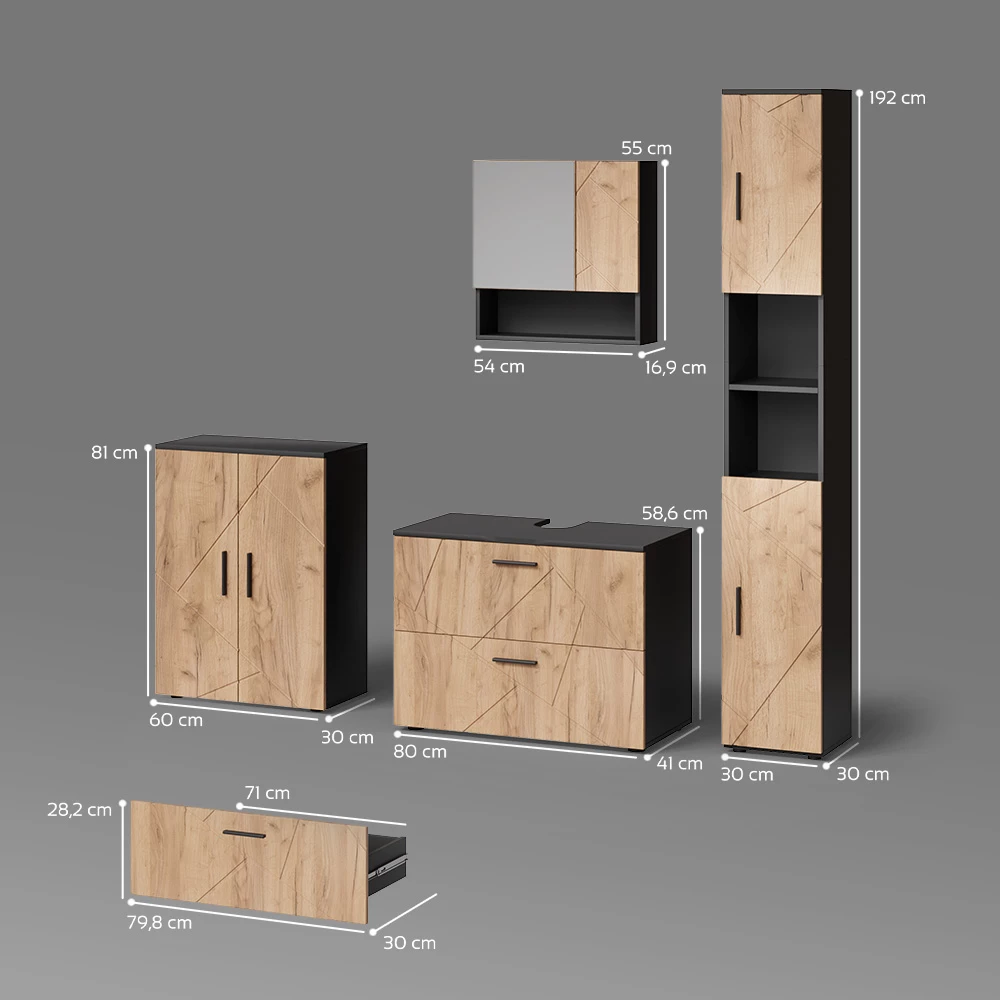 Badmöbel-Set in Goldkraft Eiche/Anthrazit auf weißem Hintergrund mit sichtbaren Maßen