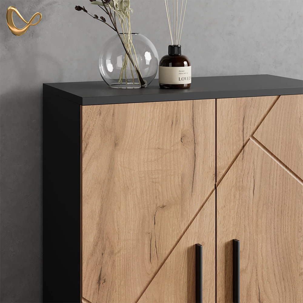Nahaufnahme von Badmöbel-Set in Goldkraft Eiche/Anthrazit, zeigt Design- und Oberflächendetails