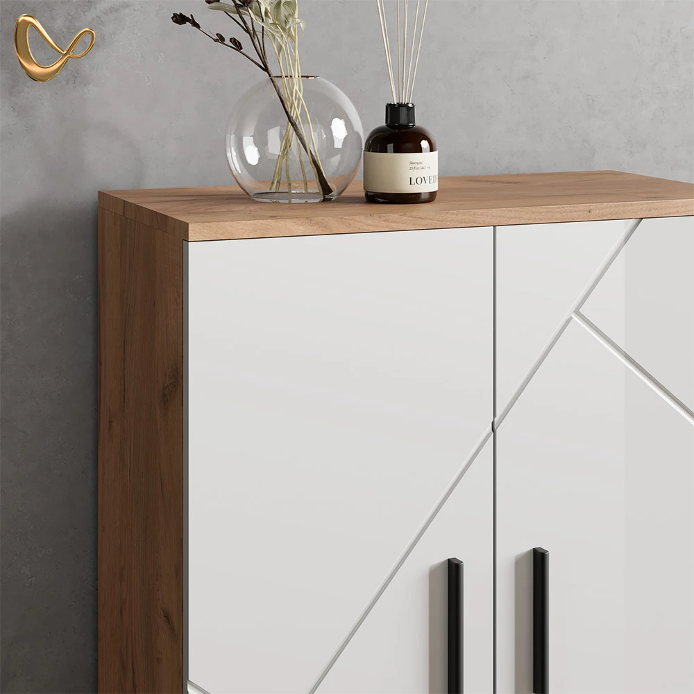 Nahaufnahme von Badmöbel-Set in Weiß Hochglanz/Goldkraft Eiche, zeigt Design- und Oberflächendetails