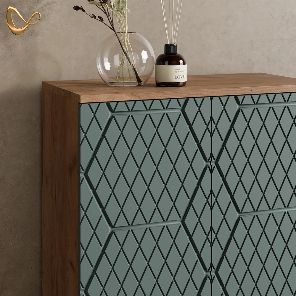 Nahaufnahme von Badmöbel-Set in Grün/Goldkraft Eiche, zeigt Design- und Oberflächendetails
