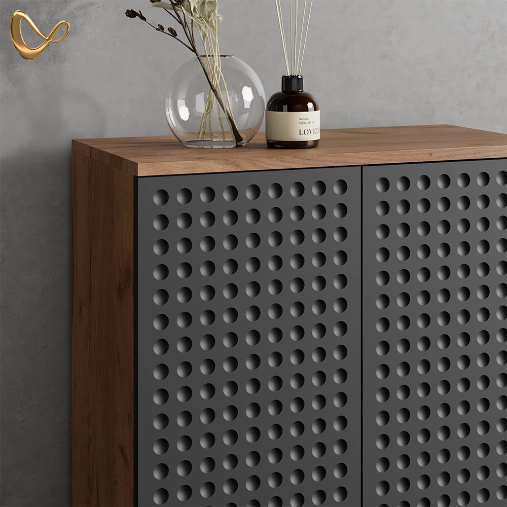 Nahaufnahme von Badmöbel-Set in Anthrazit gepunktet, zeigt Design- und Oberflächendetails