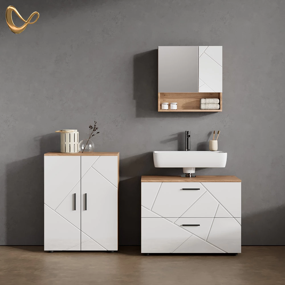 Badmöbel-Set in Weiß Hochglanz/Goldkraft Eiche, dargestellt im Ambiente und auf weißem Hintergrund