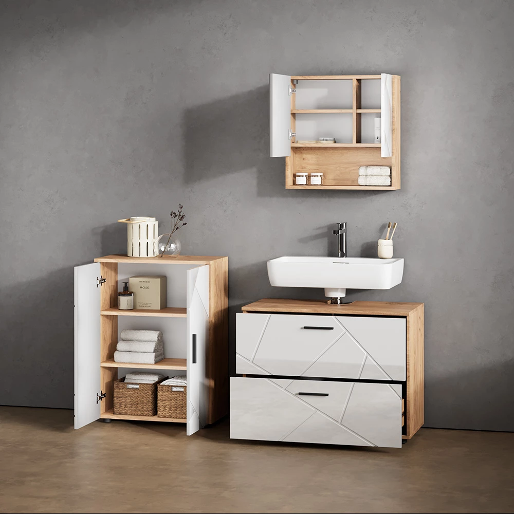 Nahaufnahme von Badmöbel-Set in Weiß Hochglanz/Goldkraft Eiche, zeigt Textur/Details