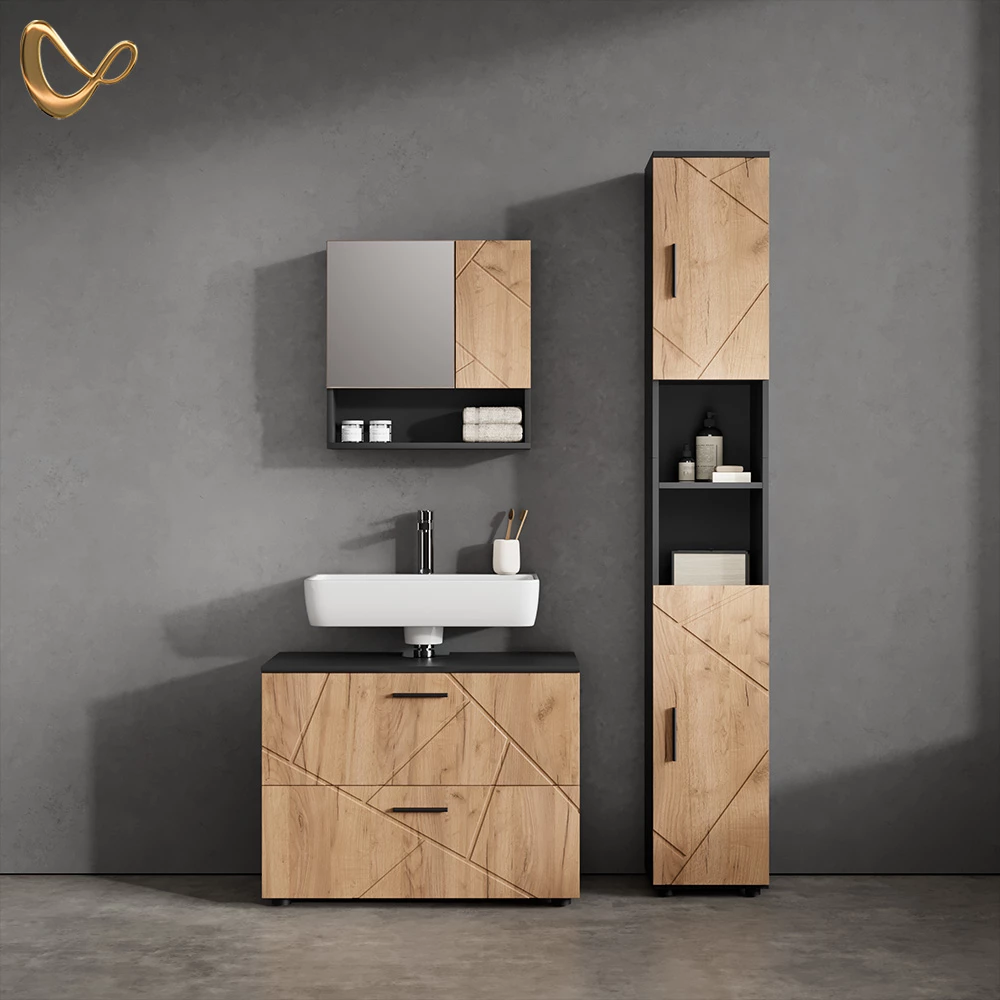 Badmöbel-Set in Goldkraft Eiche/Anthrazit, dargestellt im Ambiente und auf weißem Hintergrund