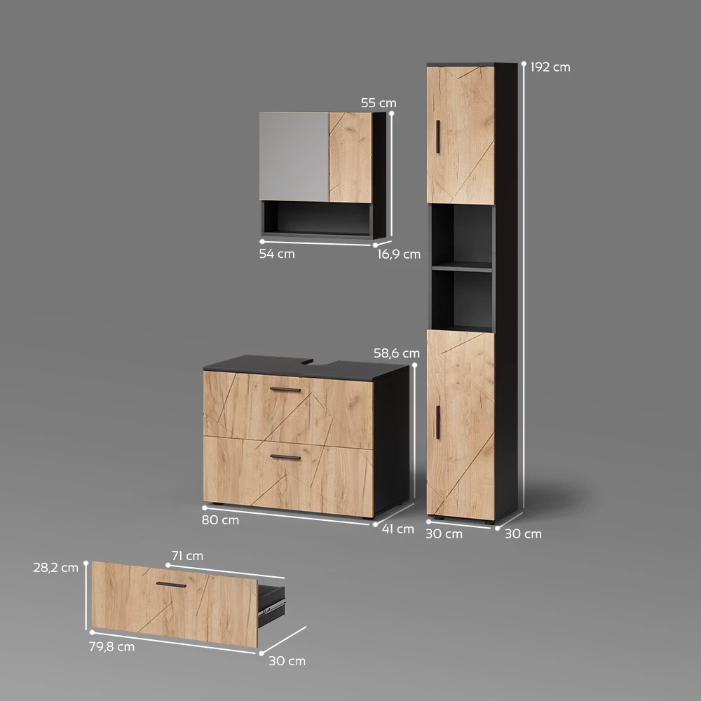 Badmöbel-Set in Goldkraft Eiche/Anthrazit auf weißem Hintergrund mit sichtbaren Maßen