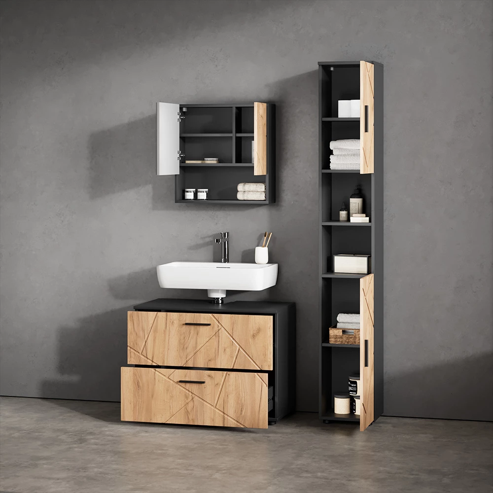 Nahaufnahme von Badmöbel-Set in Goldkraft Eiche/Anthrazit, zeigt Textur/Details