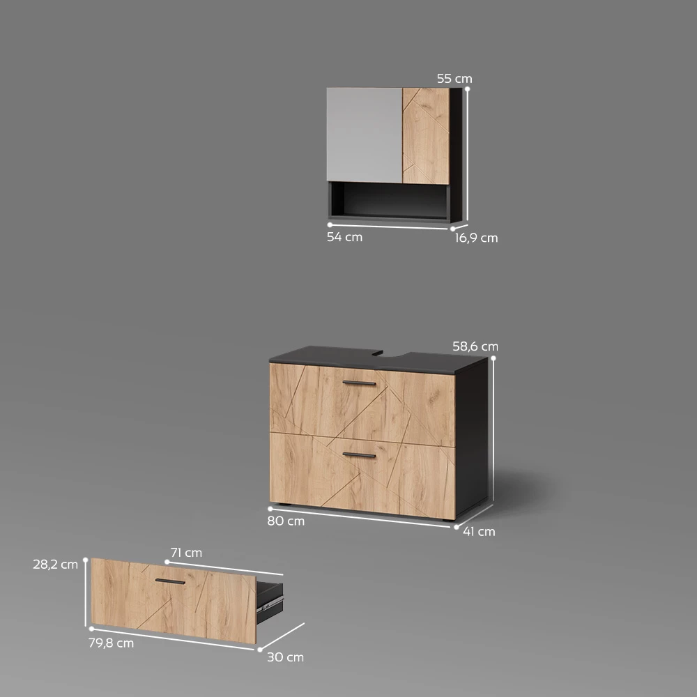 Badmöbel-Set in Goldkraft Eiche/Anthrazit auf weißem Hintergrund mit sichtbaren Maßen