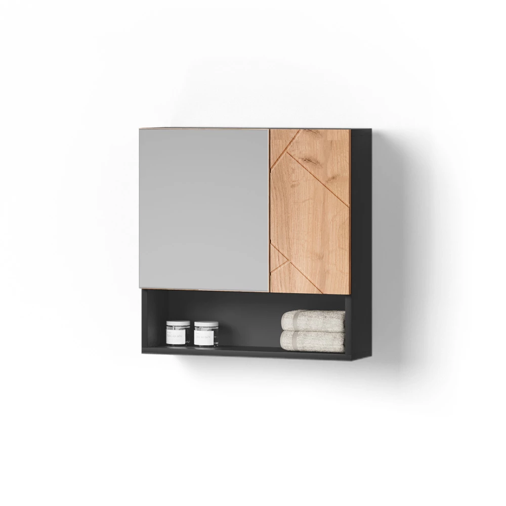 Badspiegelschrank in Goldkraft Eiche/Anthrazit auf weißem Hintergrund