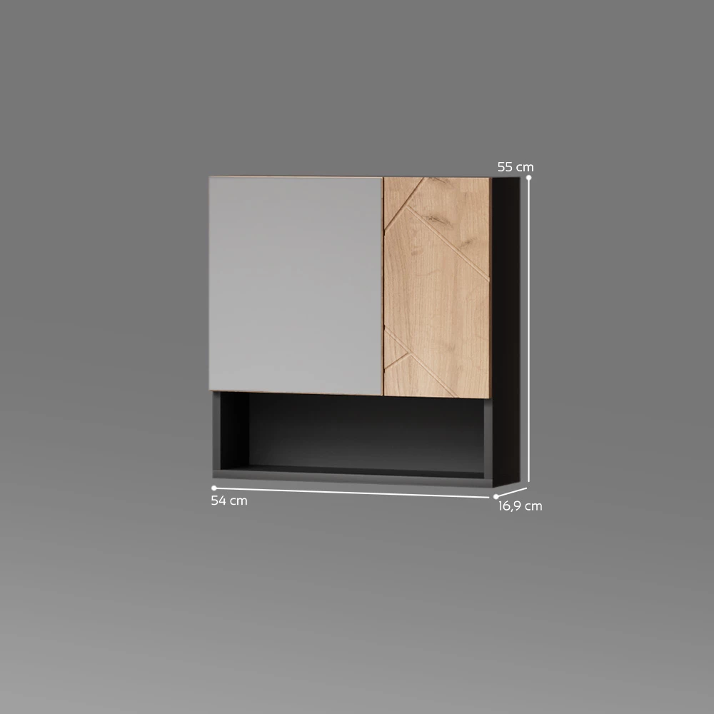 Badspiegelschrank in Goldkraft Eiche/Anthrazit auf weißem Hintergrund mit sichtbaren Maßen