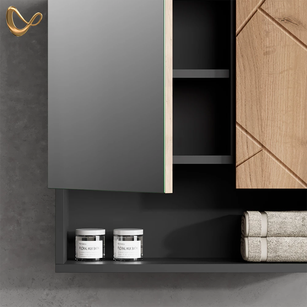 Nahaufnahme von Badspiegelschrank in Goldkraft Eiche/Anthrazit, zeigt Design- und Oberflächendetails