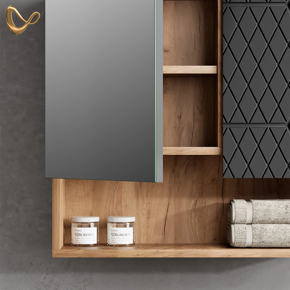 Nahaufnahme von Badspiegelschrank in Anthrazit gestreift, zeigt Design- und Oberflächendetails