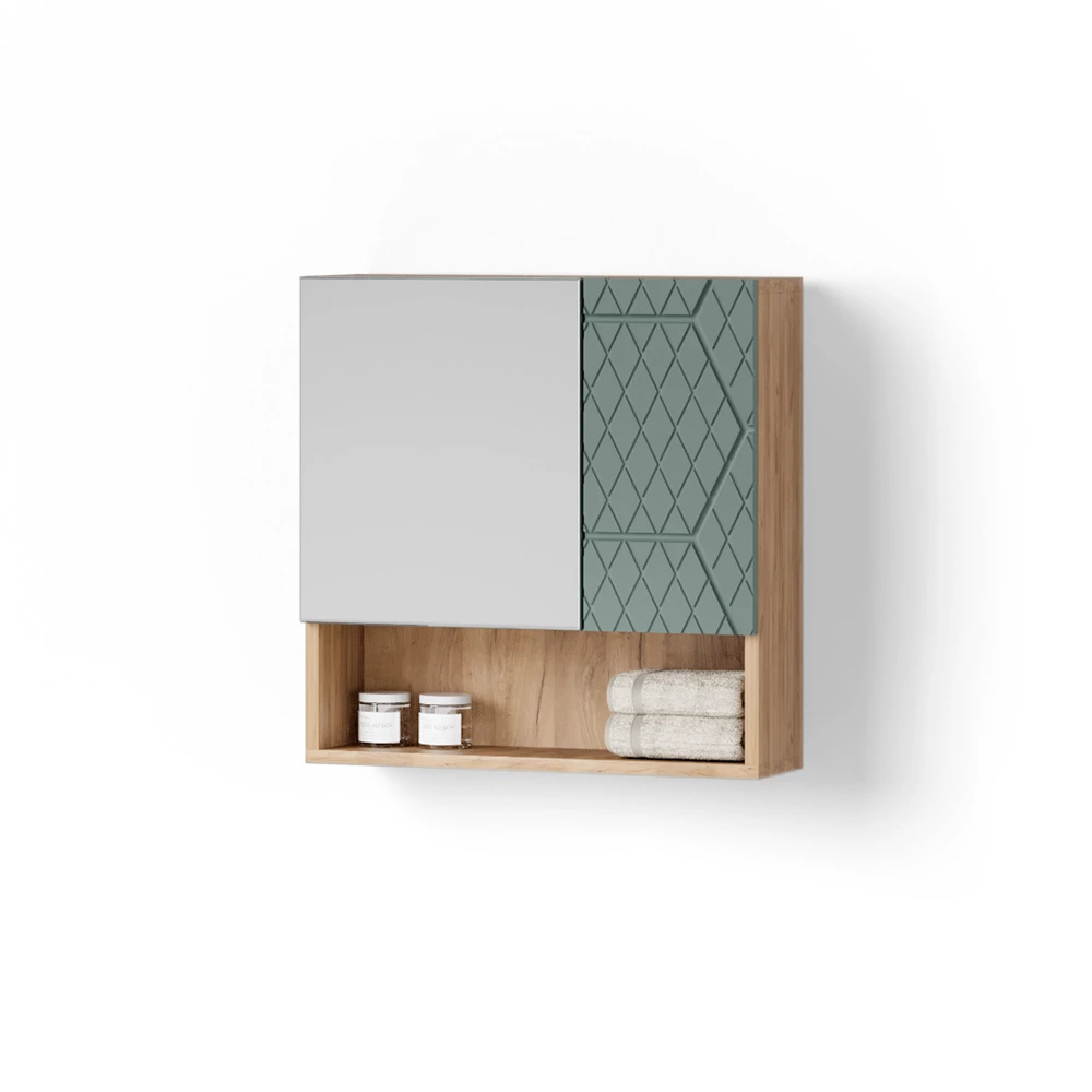 Badspiegelschrank in Grün/Goldkraft Eiche auf weißem Hintergrund