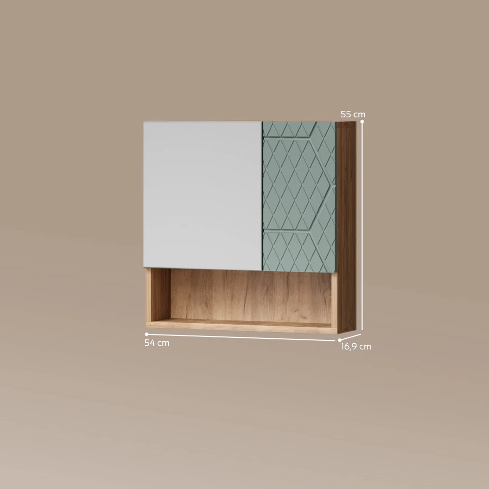 Badspiegelschrank in Grün/Goldkraft Eiche auf weißem Hintergrund mit sichtbaren Maßen