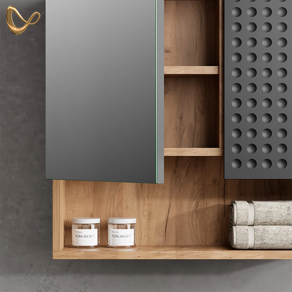 Nahaufnahme von Badspiegelschrank in Anthrazit gepunktet, zeigt Design- und Oberflächendetails