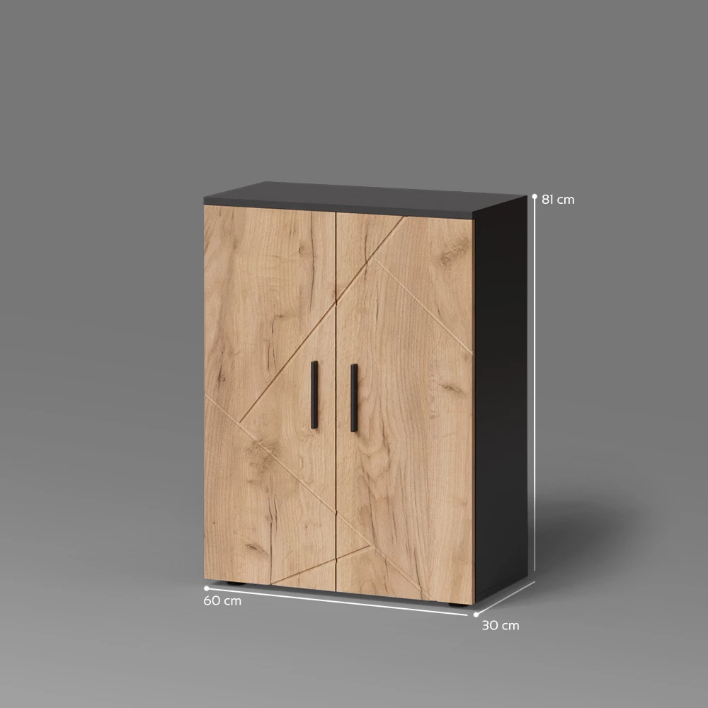 Midischrank in Goldkraft Eiche/Anthrazit auf weißem Hintergrund mit sichtbaren Maßen