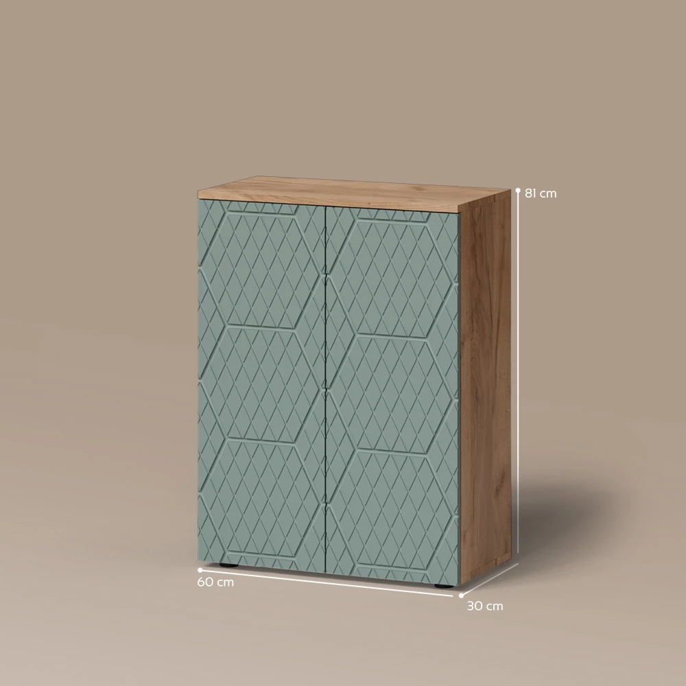 Midischrank in Grün/Goldkraft Eiche auf weißem Hintergrund mit sichtbaren Maßen