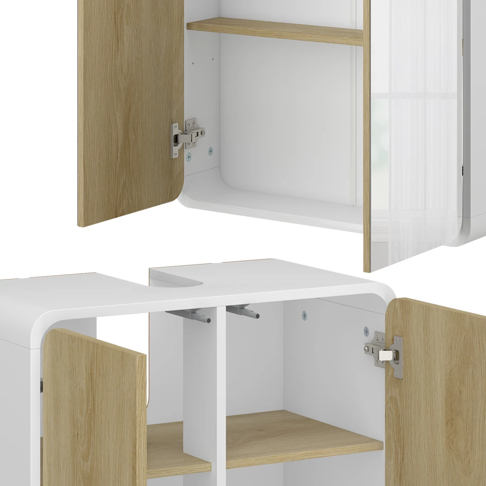 Vicco Badmöbel-Set Weiß/Eiche 3 Teile, mit Hochschrank, Arla