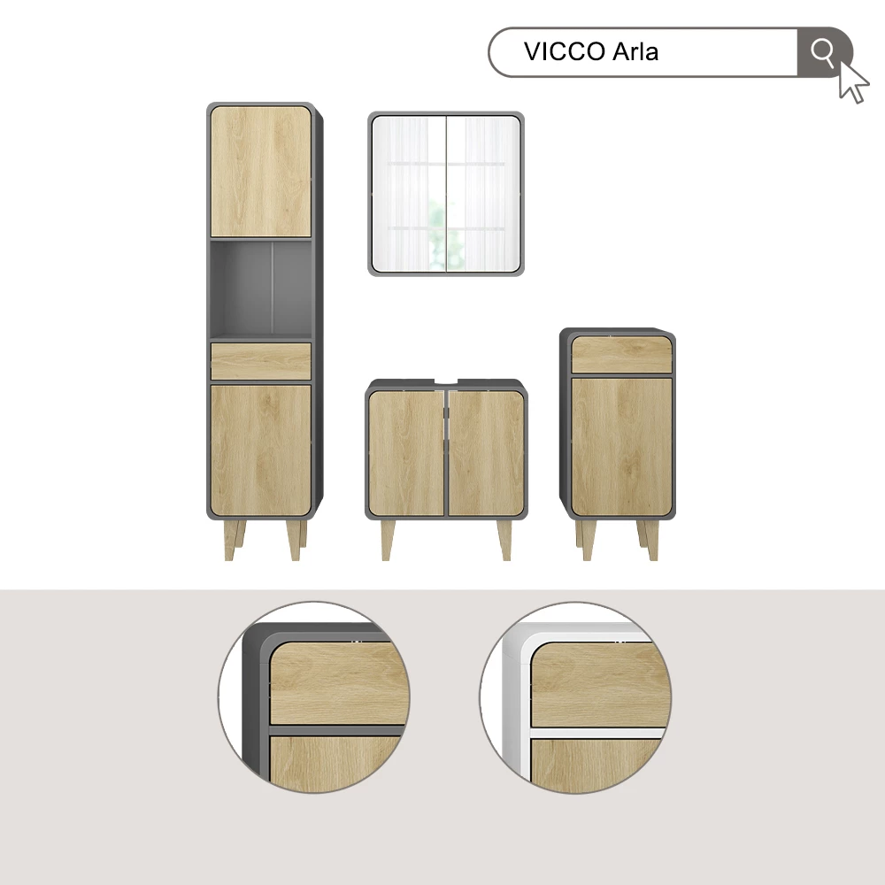 Vicco Badmöbel-Set Weiß/Eiche 3 Teile, mit Hochschrank, Arla