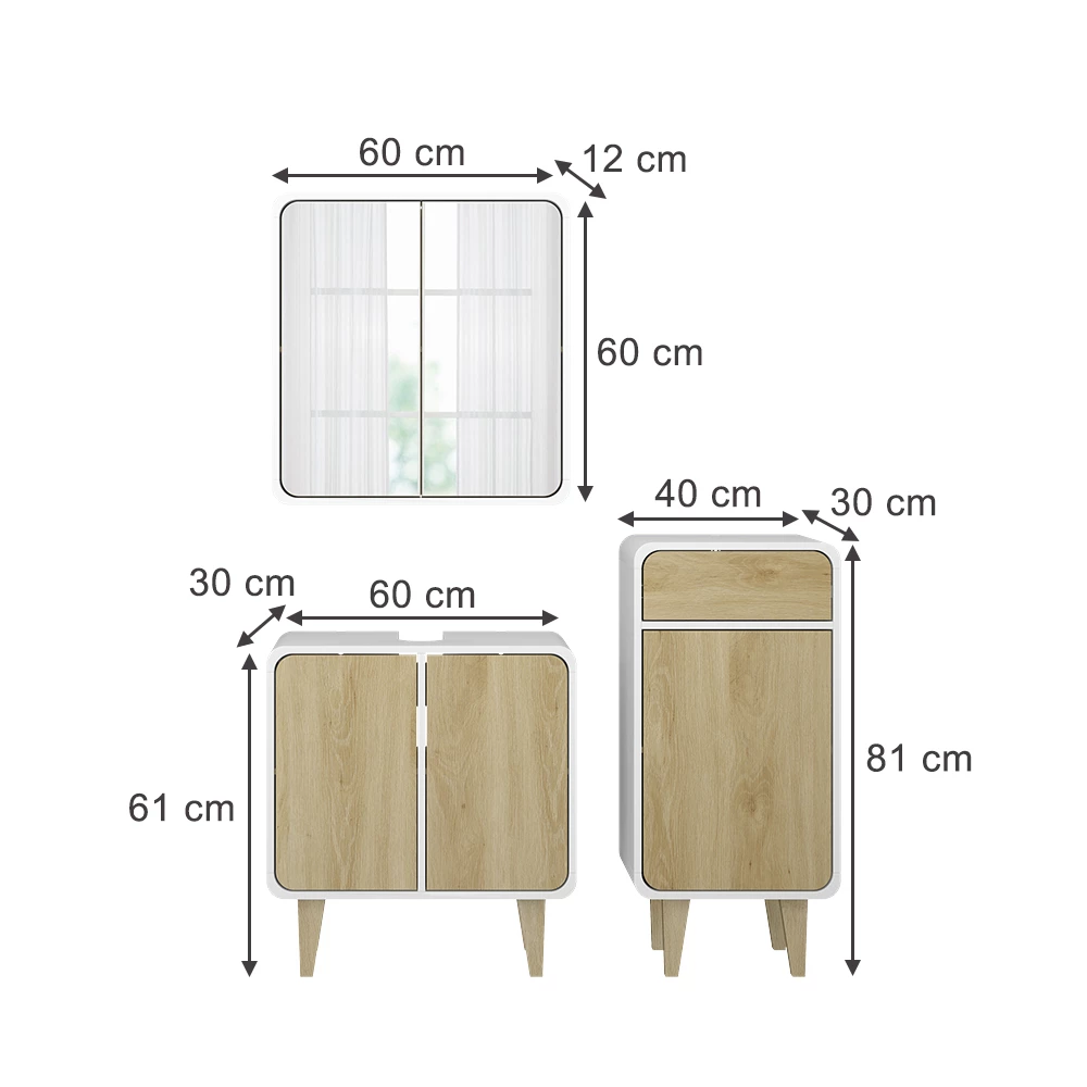 Vicco Set di mobili da bagno Bianco/quercia 3 pezzi, con cabinet midi, Arla