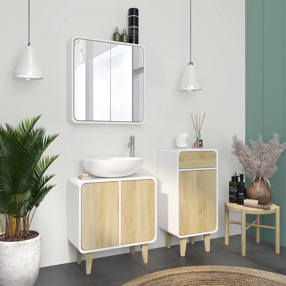 Vicco Set di mobili da bagno Bianco/quercia 3 pezzi, con cabinet midi, Arla