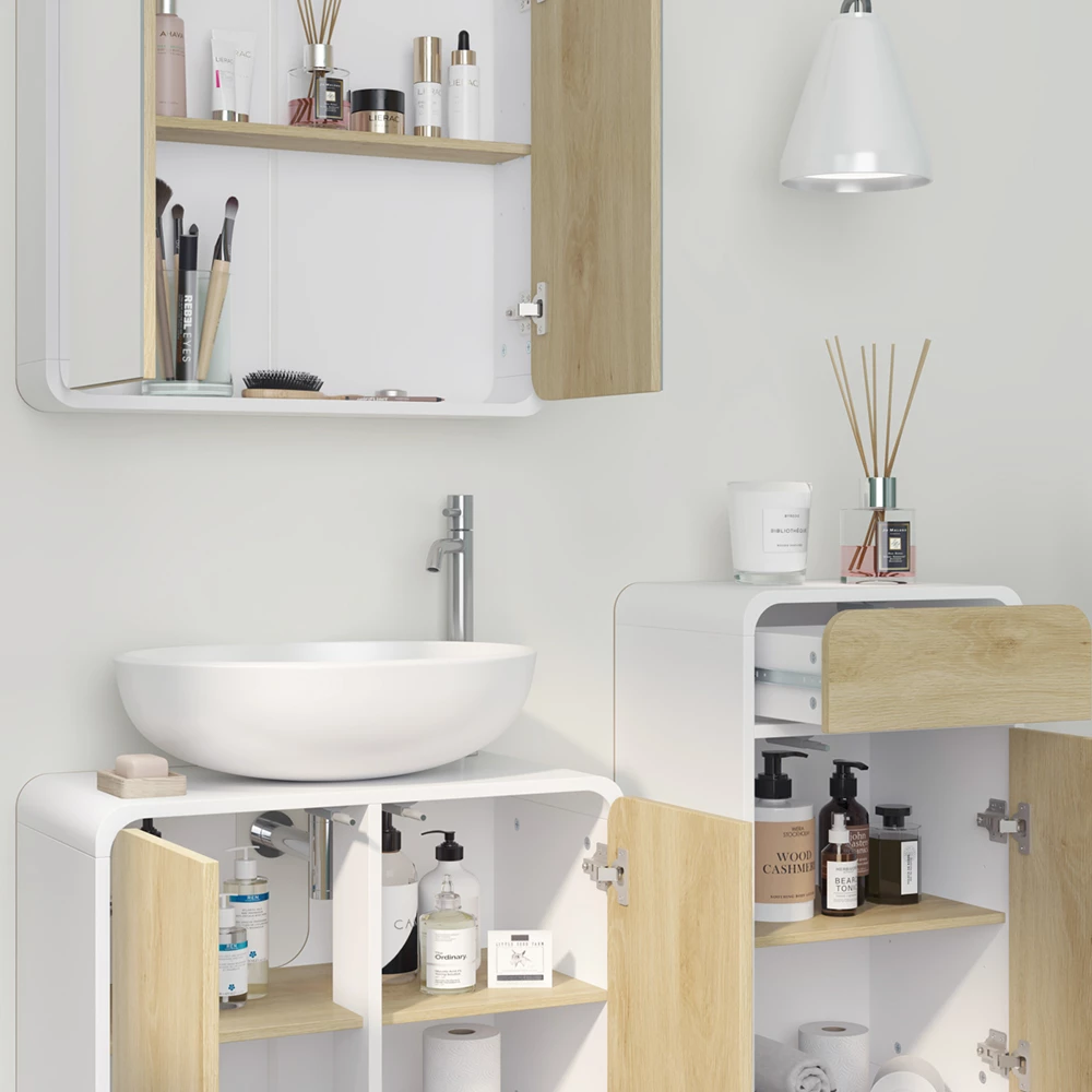 Vicco Set di mobili da bagno Bianco/quercia 3 pezzi, con cabinet midi, Arla