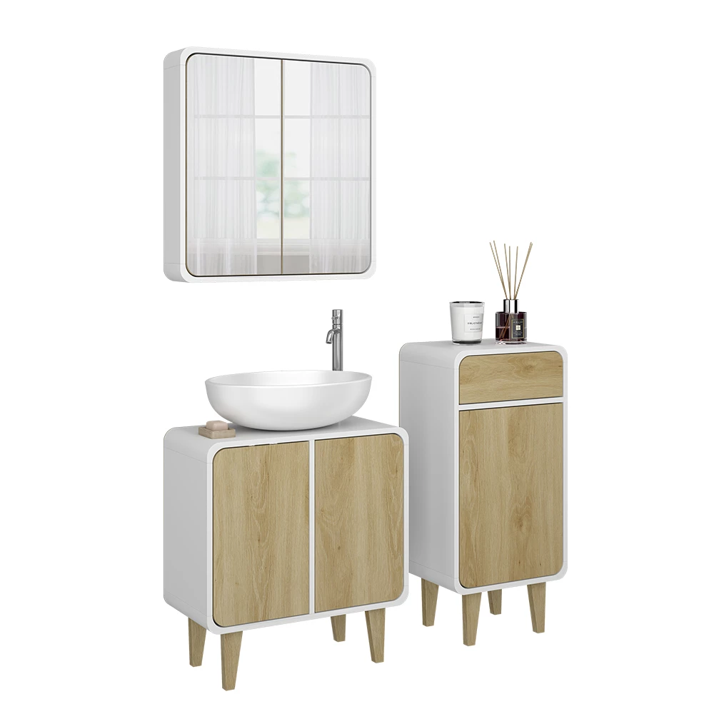 Vicco Set di mobili da bagno Bianco/quercia 3 pezzi, con cabinet midi, Arla
