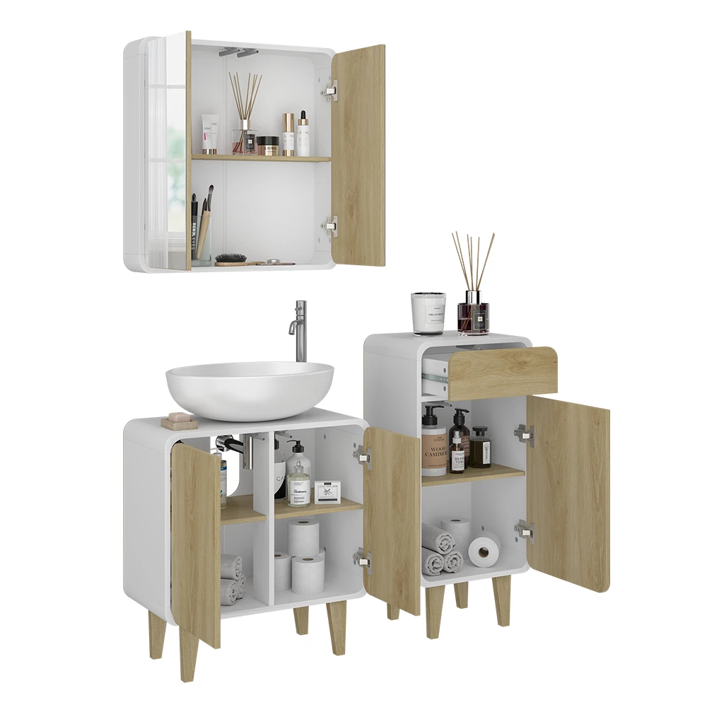Vicco Set di mobili da bagno Bianco/quercia 3 pezzi, con cabinet midi, Arla