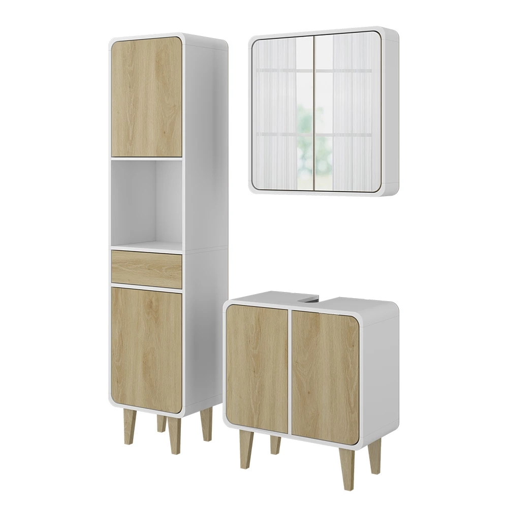 Vicco Badmöbel-Set Weiß/Eiche 3 Teile, mit Hochschrank, Arla