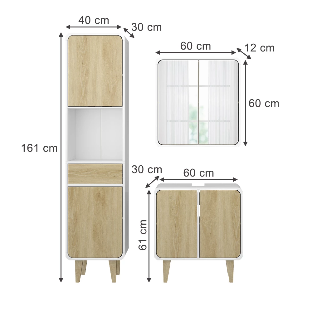 Vicco Badmöbel-Set Weiß/Eiche 3 Teile, mit Hochschrank, Arla