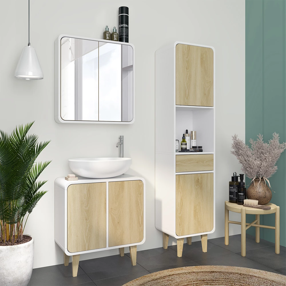 Vicco Badmöbel-Set Weiß/Eiche 3 Teile, mit Hochschrank, Arla