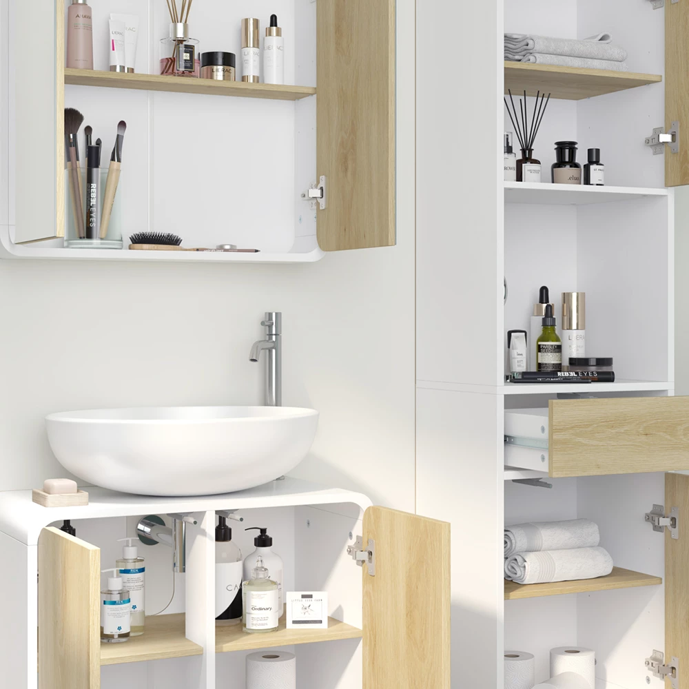 Vicco Badmöbel-Set Weiß/Eiche 3 Teile, mit Hochschrank, Arla