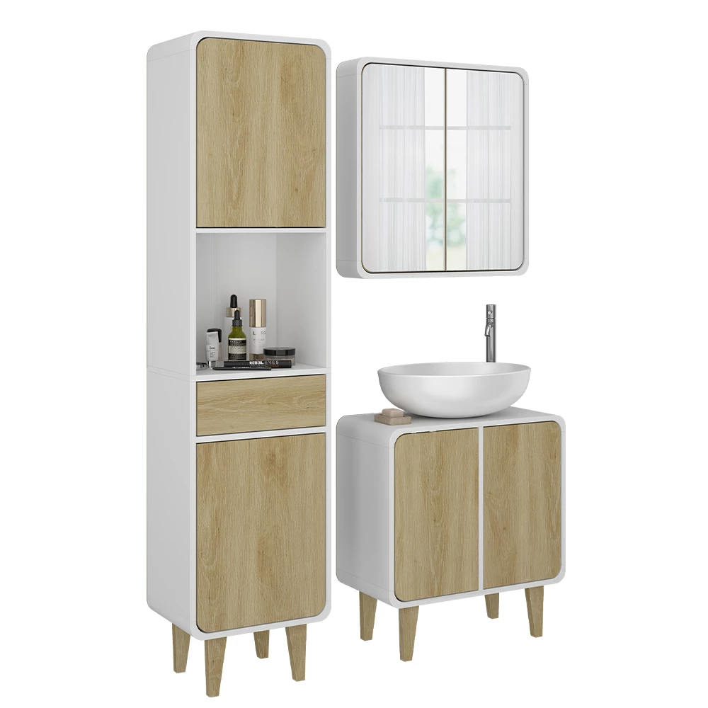 Vicco Badmöbel-Set Weiß/Eiche 3 Teile, mit Hochschrank, Arla