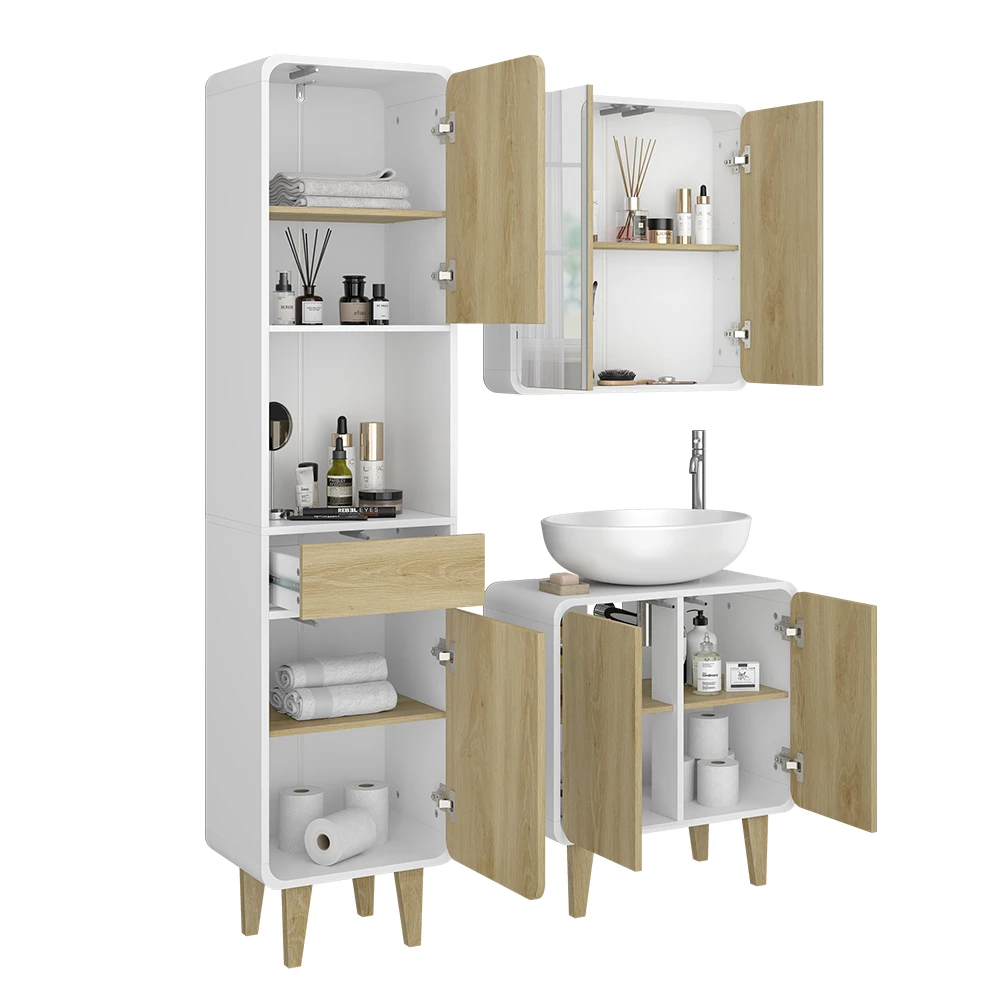 Vicco Badmöbel-Set Weiß/Eiche 3 Teile, mit Hochschrank, Arla