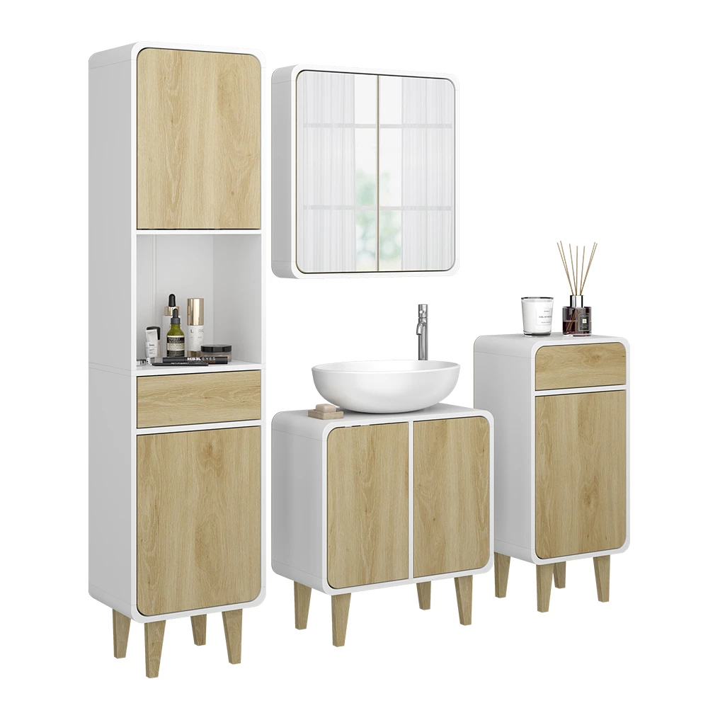 Vicco Set di mobili da bagno Bianco/quercia 4 parti, Arla