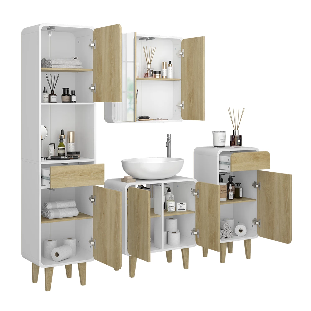 Vicco Set di mobili da bagno Bianco/quercia 4 parti, Arla