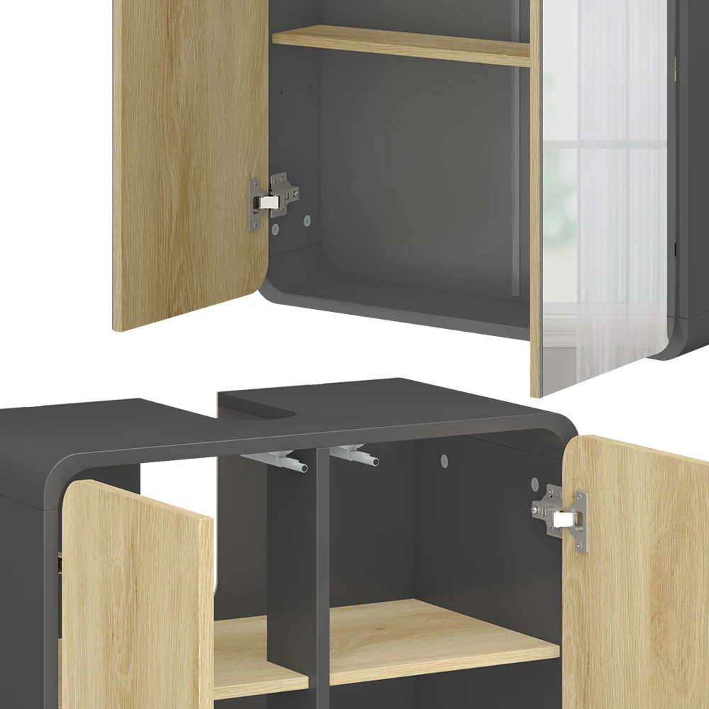 Vicco Badmöbel-Set Anthrazit/Eiche 3 Teile, mit Hochschrank, Arla
