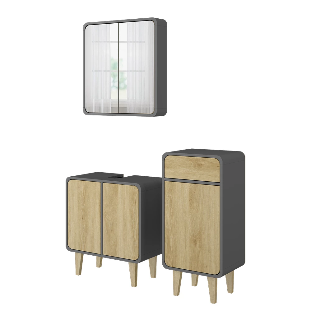 Vicco Badmöbel-Set Anthrazit/Eiche 3 Teile, mit Midischrank, Arla